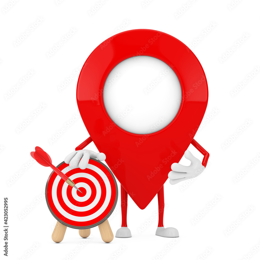 Poster Map Pointer Pin Character Mascot with Archery Target with Dart in Center. 3d Rendering