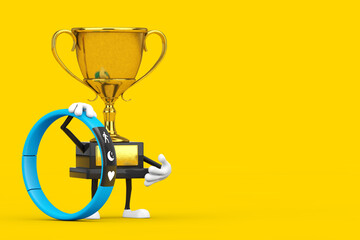 Golden Award Winner Trophy Mascot Person Character with Blue Fitness Tracker. 3d Rendering