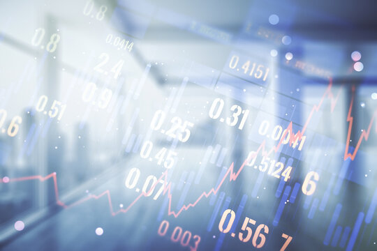 Multi exposure of abstract virtual financial graph hologram on empty corporate office background, forex and investment concept