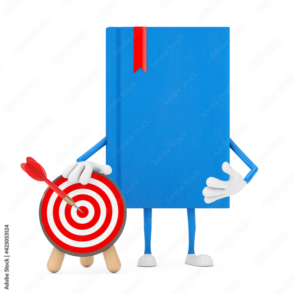 Fototapete blue book character mascot with archery target with dart in center. 3d rendering