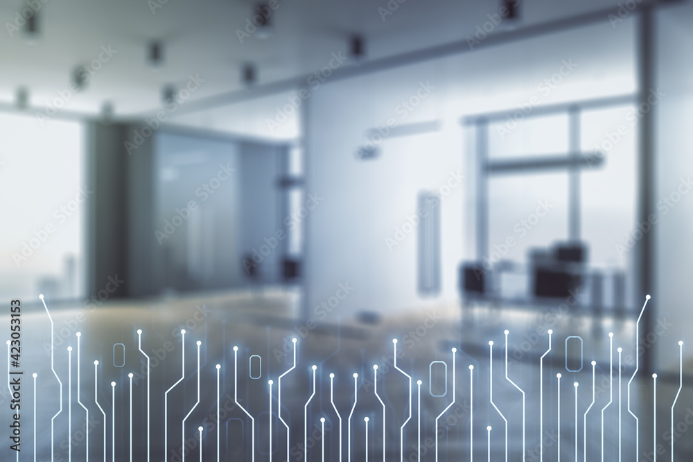 Poster abstract virtual micro chip hologram on a modern furnished classroom background, artificial intellig