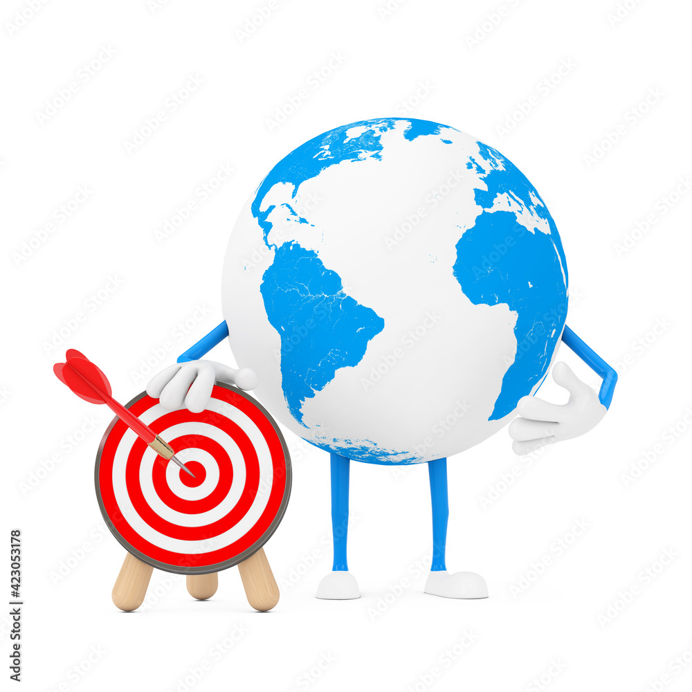 Fototapete Earth Globe Character Mascot with Archery Target with Dart in Center. 3d Rendering