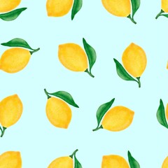 Seamless pattern from bright yellow lemons on a pastel blue background. Background from watercolor lemons for textiles, prints, postcards. Citrus pattern.