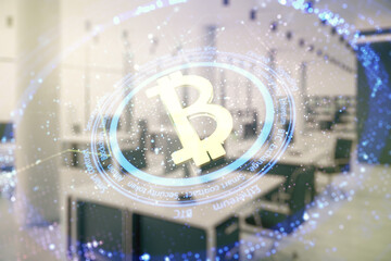 Virtual Bitcoin sketch on a modern furnished classroom background. Double exposure
