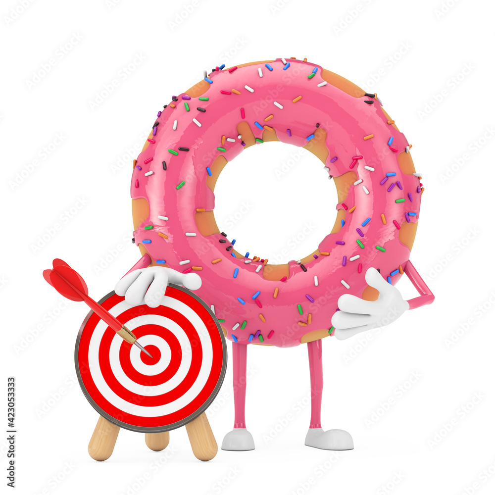 Aufkleber big strawberry pink glazed donut character mascot with archery target with dart in center. 3d render