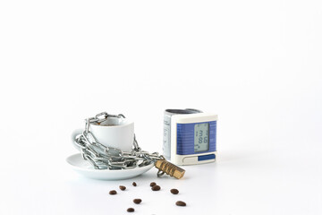  Ban on excessive coffee consumption. A cup of coffee under lock and key, a blood pressure monitor...