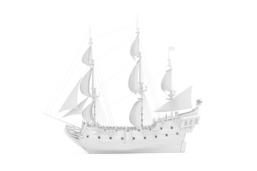 White Vintage Tall Sailing Ship, Caravel, Pirate Ship or Warship in Clay Render Style. 3d Rendering