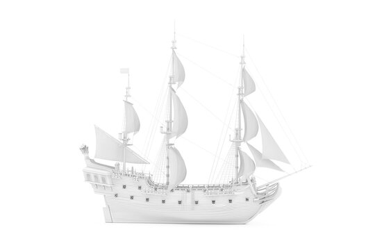 White Vintage Tall Sailing Ship, Caravel, Pirate Ship or Warship in Clay Render Style. 3d Rendering