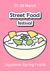 Takenoko brochure icon. Edible bamboo shoots on bowl.Traditional dish template. Flyer, magazine, poster, book cover, booklet.Street food festival.Spring Japanese food infographic concept