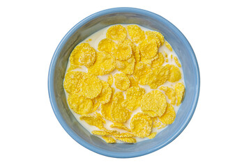 cornflakes with milk in a blue ceramic bowl isolated on white