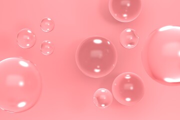 Abstract pink background with flying transparent bubbles. 3d rendering