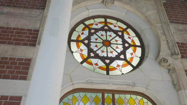 Turkish Railway Station. Action. Beautiful exterior of old railway station building with stained glass windows. Historic Train station building in Istanbul