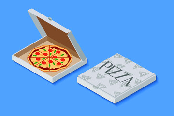 Delicious Italian fast food. Pizza delivery. Pepperoni cheese pizza and carton package box in 3D vector isometric illustration 