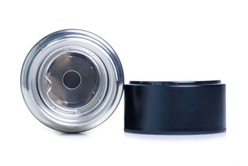 Black thermos hot drink on white background isolation