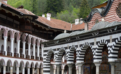 Fototapeta na wymiar Iconic striped architecture at Rila Monastery, Bulgaria
