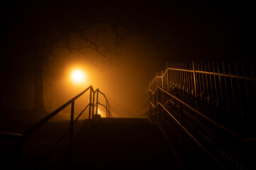 Fototapeta na wymiar Prague streets in fogy night with lights