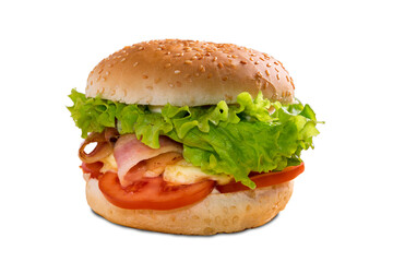 bacon cheeseburger, stuffed bun with bacon, tomato slices ,cheese and lettuce salad, isolated on white