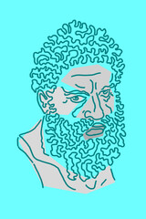 Line drawing of surreal face. Modern art creative image with strict stern man. Crazy contemporary drawing in modern cubism style. Pop art poster. Zine culture. Funky minimalist. Adult bearded man.