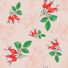 seamless pattern of floral ornaments, rose hips on a pink background, vintage style