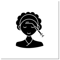 Cosmetic injection glyph icon.Woman doing injection in forehead. Surgery. Full syringe. Beauty cosmetic procedure concept.Filled flat sign. Isolated silhouette vector illustration