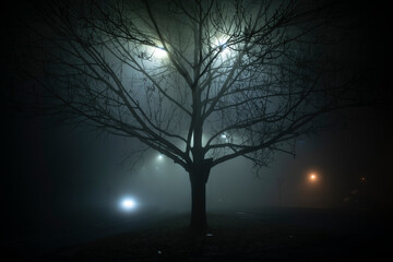 Creepy haunted tree in fog monster
