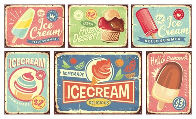 Ice cream and summer desserts vintage tin signs collection. Retro signs set with ice creams and frozen desserts. Sweet food, dairy and fruits products vector illustrations.