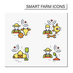 Smart farm color icons set. Consist of machinery technician, animal breeder, agronomist, large farm.Agricultural innovation concepts.Isolated vector illustrations