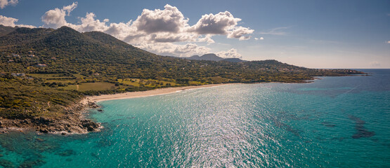 Panoramic aerial view of Ghjunchitu beach in Corsica