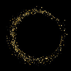 Gold glitter confetti on black background, frame. Zen. Scattered with shiny particles, sand. Decorative element. Luxury background for your design, greeting cards, invitations, vector