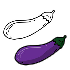Handdrawn eggplant doodle icon vector illustration for design and web isolated on white background.
Eggplant vector object for labels, logos and advertising.Hand drawn black and colored sketch. 