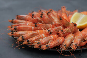 Plate with tasty shrimps on grey table. Close up