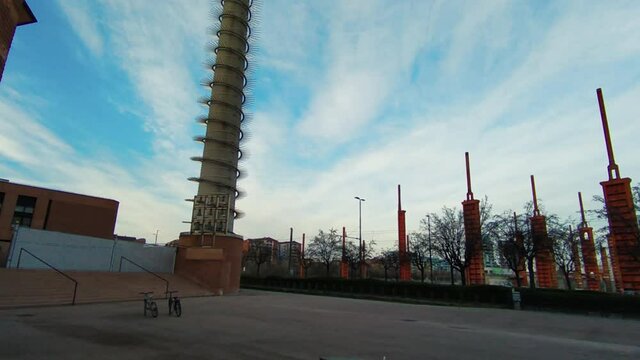 Turin,Italy.March 2020. The modern archdiocese: built in a former industrial site,it recovers elements such as a chimney to make the bell tower.At the base the group of bells and the decorated chimney