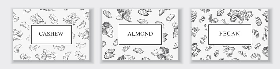 Cards with different nuts, cashew, almond, pecan.
