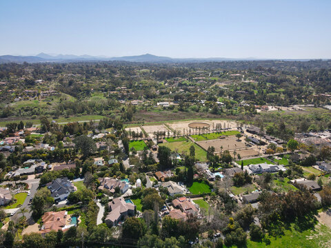 Aerial View Of Rancho Santa Fe Neighborhood With Big Mansions With Pool In San Diego, California, USA. Aerial View Of Residential Modern Luxury House.