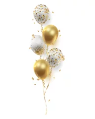 Fotobehang Bouquet, bunch of realistic golden ballons, transparent with confetti, serpentine, paper circles and ribbons. Vector illustration isolated on white background. © vector zėfirkã