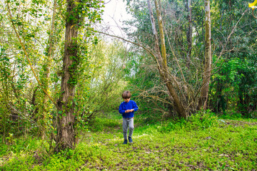 Cheerful Child Playing In The Forest.
Boy Walking In The Green Mysterious Forest.