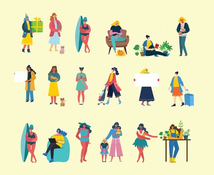 Set of diferent Girls that are reading Books, holding pets, styding, holding banners and other . Vector illustrations in the flat style