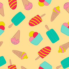 Cartoon ice cream seamless pattern. Hand drawn line illustration.