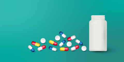 Bottle and scattered pills on color background.