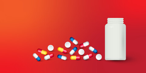 Bottle and scattered pills on color background.
