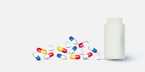 Bottle and scattered pills on color background.