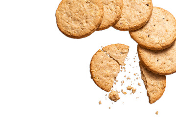 Integral cookies with oats and grains on white background with copy space.