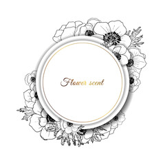 Gold frame. Vector round frame with summer flowers in vintage style. Black and white illustration. Place for an inscription. 3d effect