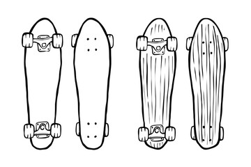 Skateboards top and bottom view sketch. Black and white hand drawn style vector illustrations.
