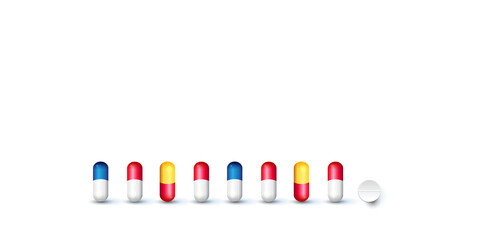 Pills. Medicine tablets isolated on background, different round and oblong drugs collection vector illustration.