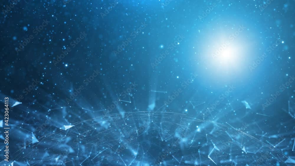 Wall mural blue cyberspace network with geometric sphere. copy space animated background with glowing particles
