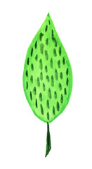 Watercolor illustration of an abstract green leaf with dots. The element is isolated on a white background.