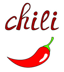 Vector illustration of red chili pepper. With a dark red lettering "Chili". The lettering can be used separately. Elements are isolated on a white background.