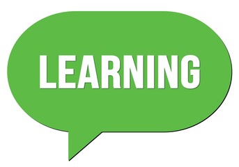 LEARNING text written in a green speech bubble