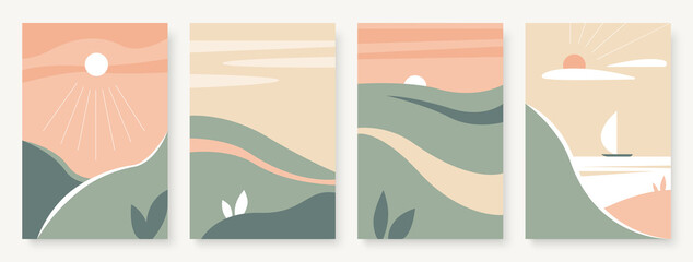 Summer mountain abstract landscape vector illustration set. Scandinavian minimal style landscapes, road on green grass hills, trendy vertical modern wall template background